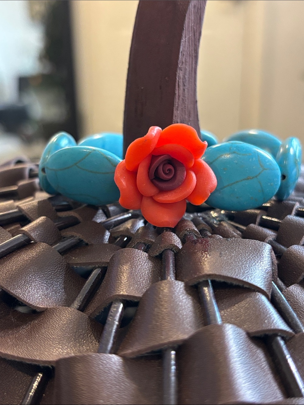 Boho Western Turquoise Bead Stretch Bracelet Red Flower Accent